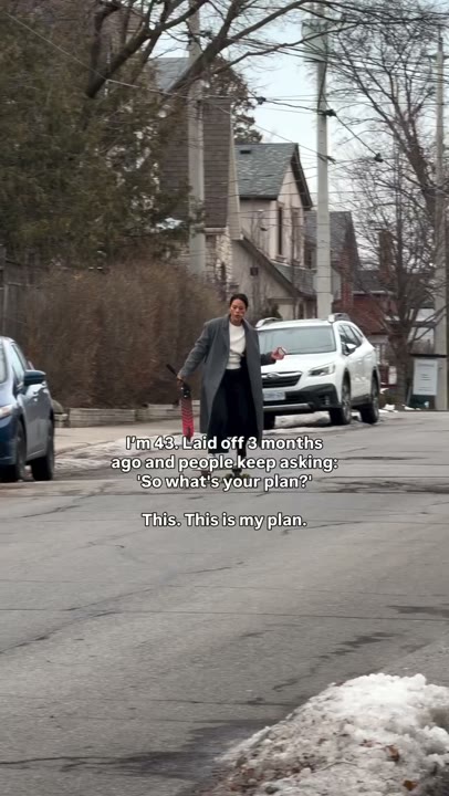 Frame at 0 seconds: The layoff-and-plan overlay appears immediately as the creator rides toward the camera with a scooter and food.