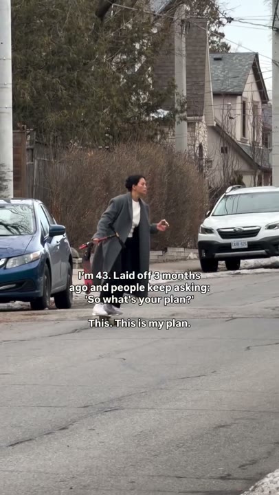 Frame at 1 seconds: The layoff-and-plan overlay appears immediately as the creator rides toward the camera with a scooter and food.