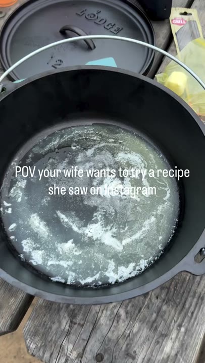 Frame at 0 seconds: Melted butter fills the bottom of a Dutch oven beneath the POV overlay.