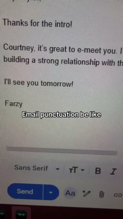 Frame at 3 seconds: An email close-up shows “I'll see you tomorrow!”; secondary evidence describes an exaggerated eager vocal…
