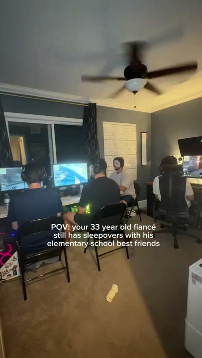 Frame at 0 seconds: Show the gaming group beneath the specific sleepover POV overlay.