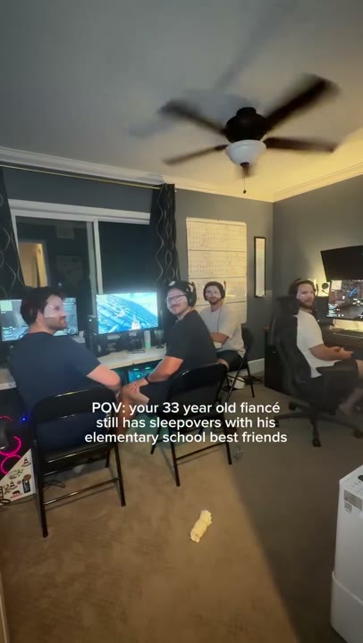Frame at 1 seconds: Show the gaming group beneath the specific sleepover POV overlay.