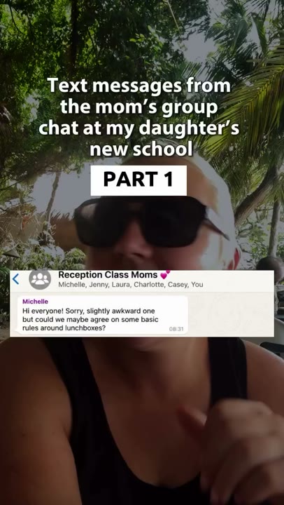 Frame at 0 seconds: The header introduces school group chat messages, and the first bubble proposes basic lunchbox rules.