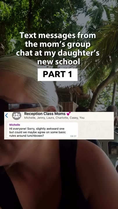 Frame at 1 seconds: The header introduces school group chat messages, and the first bubble proposes basic lunchbox rules.