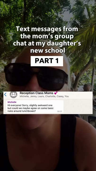 Frame at 2 seconds: The header introduces school group chat messages, and the first bubble proposes basic lunchbox rules.