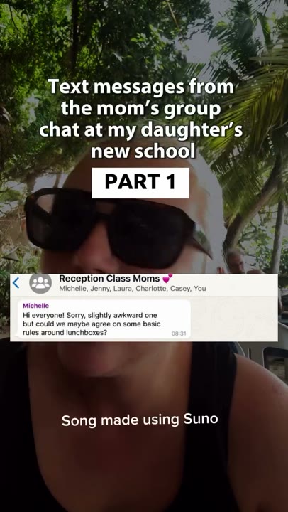 Frame at 3 seconds: The header introduces school group chat messages, and the first bubble proposes basic lunchbox rules.