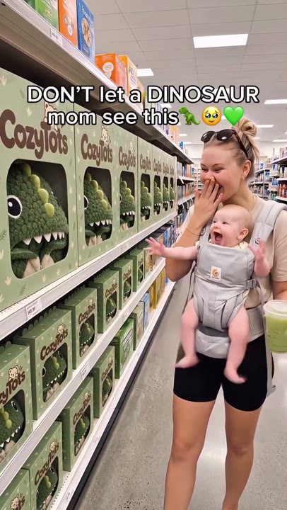 Frame at 1 seconds: The niche warning appears above the creator's hand-over-mouth reaction beside a dinosaur product display.