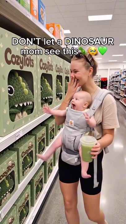 Frame at 2 seconds: The niche warning appears above the creator's hand-over-mouth reaction beside a dinosaur product display.