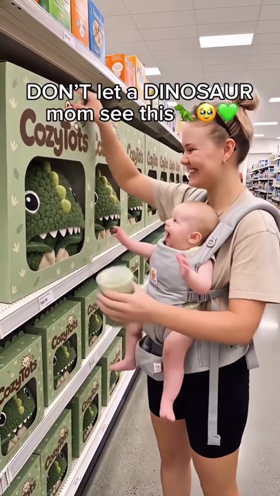 Frame at 3 seconds: The creator reaches for a large dinosaur box as the baby extends an arm toward the display.
